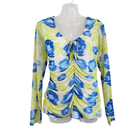 Ganni Floral Print Ruched Mesh Top Long Sleeve Blue Green Blouse Euro Size 42 - Picture 1 of 13